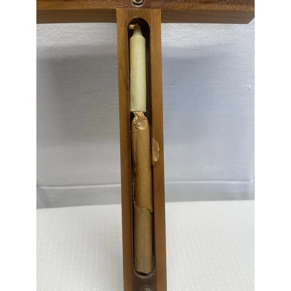 Vintage 15” Wood & Brass INRI Crucifix Jesus Cross Catholic Christian Candle 2pc